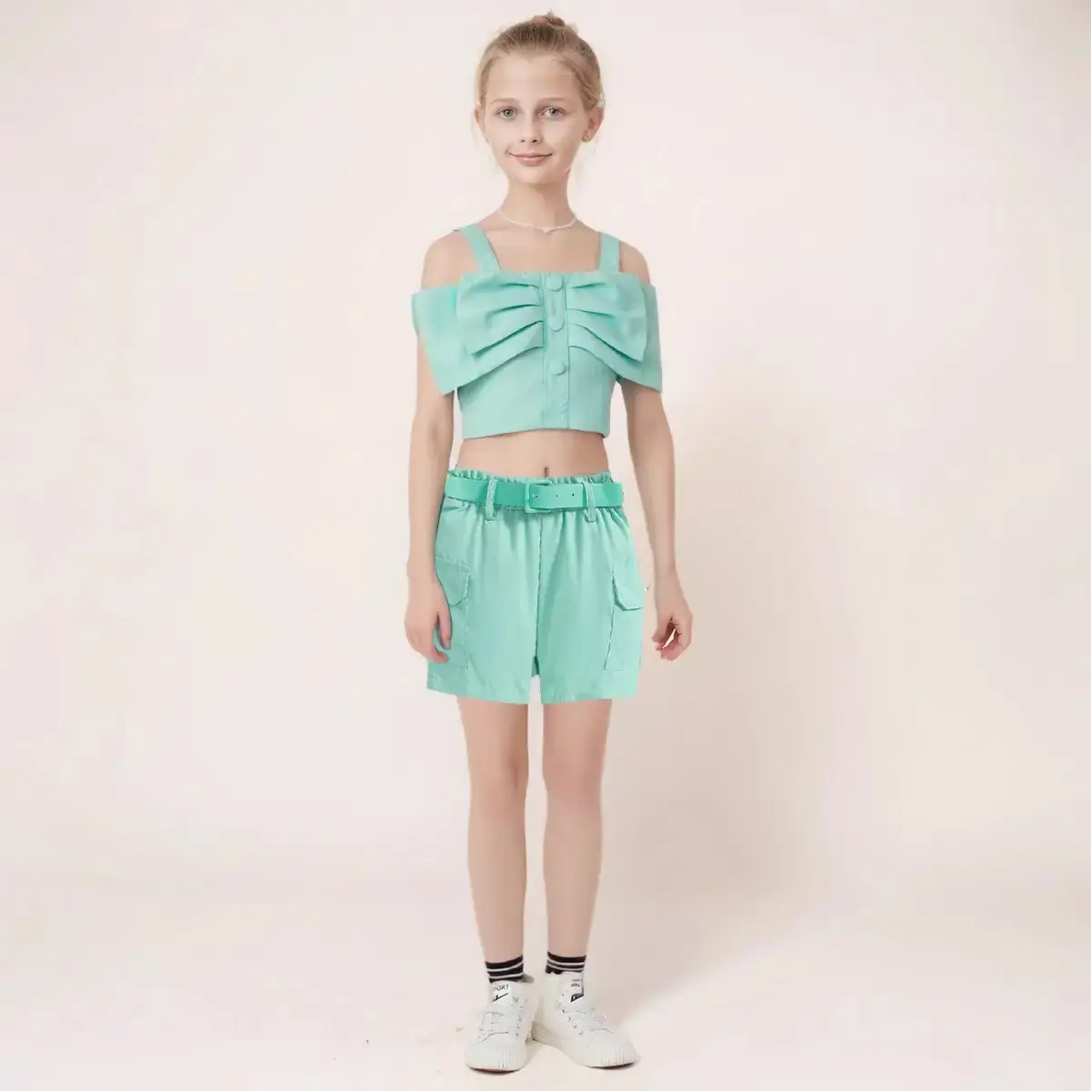 Girls Cross-Border Halter Top & Shorts Set Mint Green - Image 2