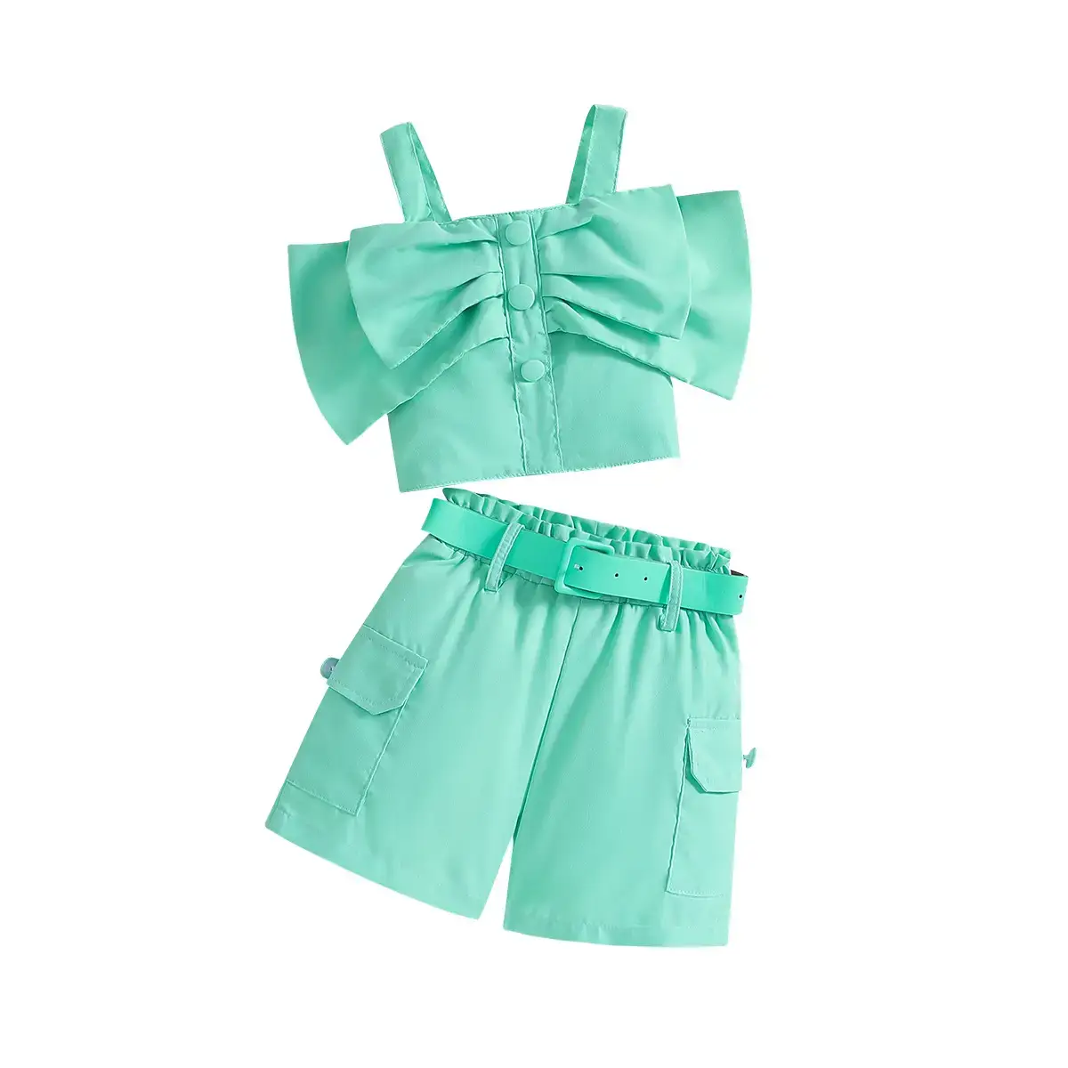 Girls Cross-Border Halter Top & Shorts Set Mint Green - Image 5