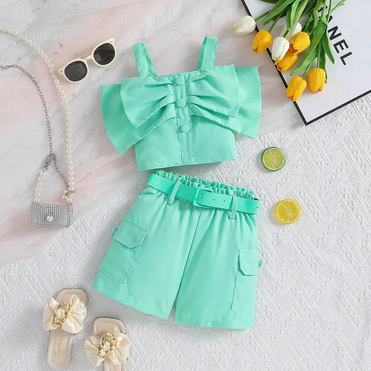 Girls Cross-Border Halter Top & Shorts Set Mint Green — feature 2