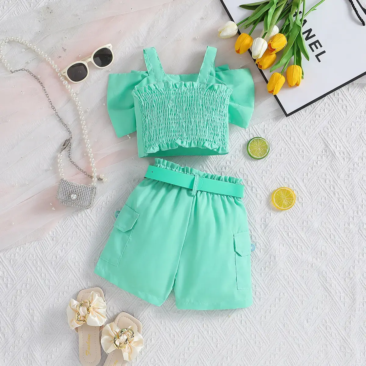 Girls Cross-Border Halter Top & Shorts Set Mint Green — feature 3
