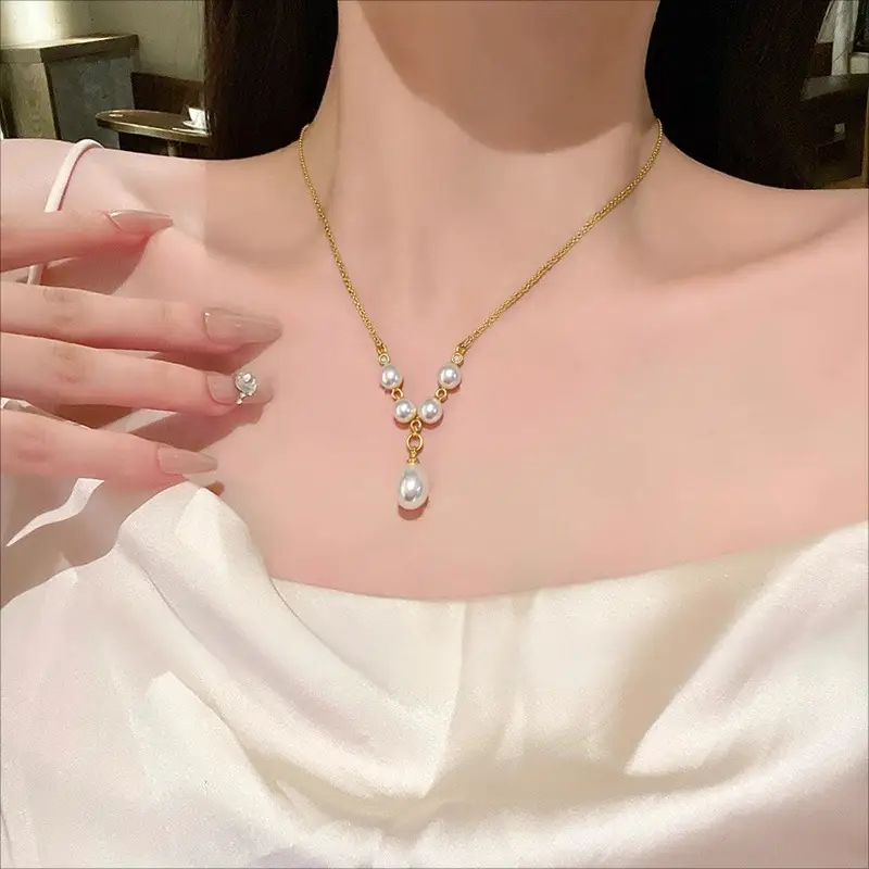 Zhuji Natural Pearl Pendant Necklace Multi Bead Gold Chain - Image 5