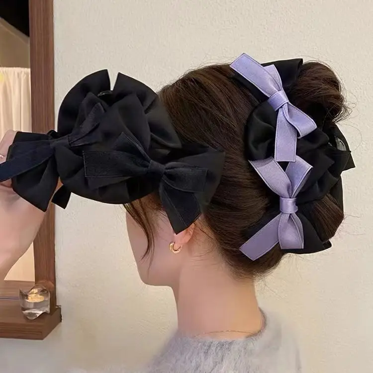 French Style Large Bow Hair Clip Black Purple - Image 3