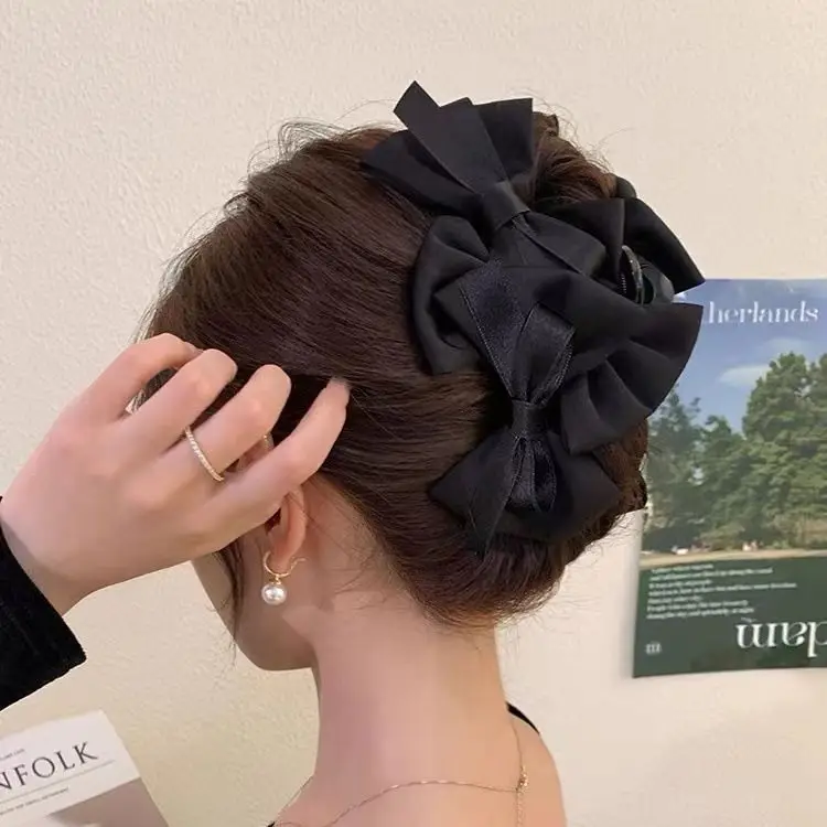 French Style Large Bow Hair Clip Black Purple - Image 4