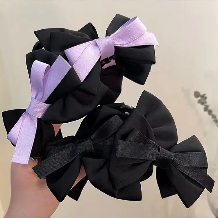 French Style Large Bow Hair Clip Black Purple - Image 6