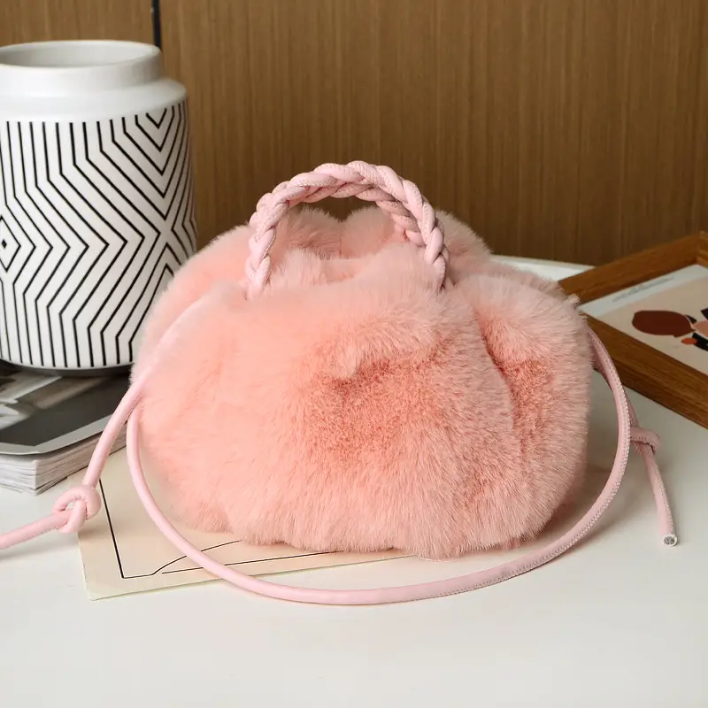Pink Faux Fur Shoulder Bag for Women Autumn Winter 2024 - Image 3