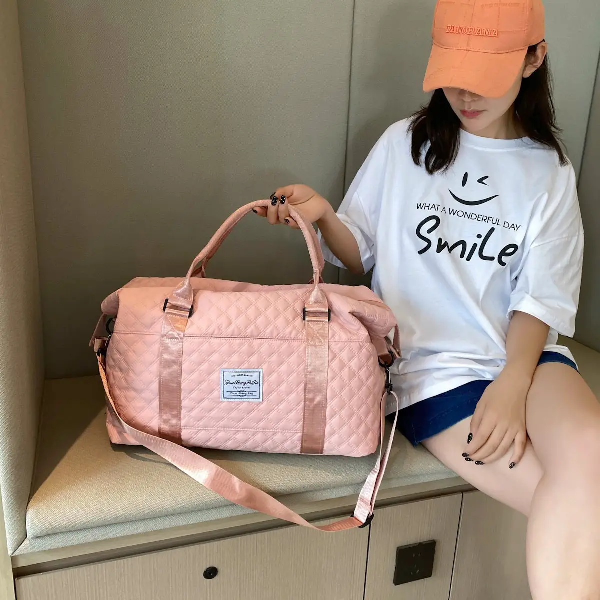 Pink Quilted Travel Bag with Shoulder Strap - Image 8