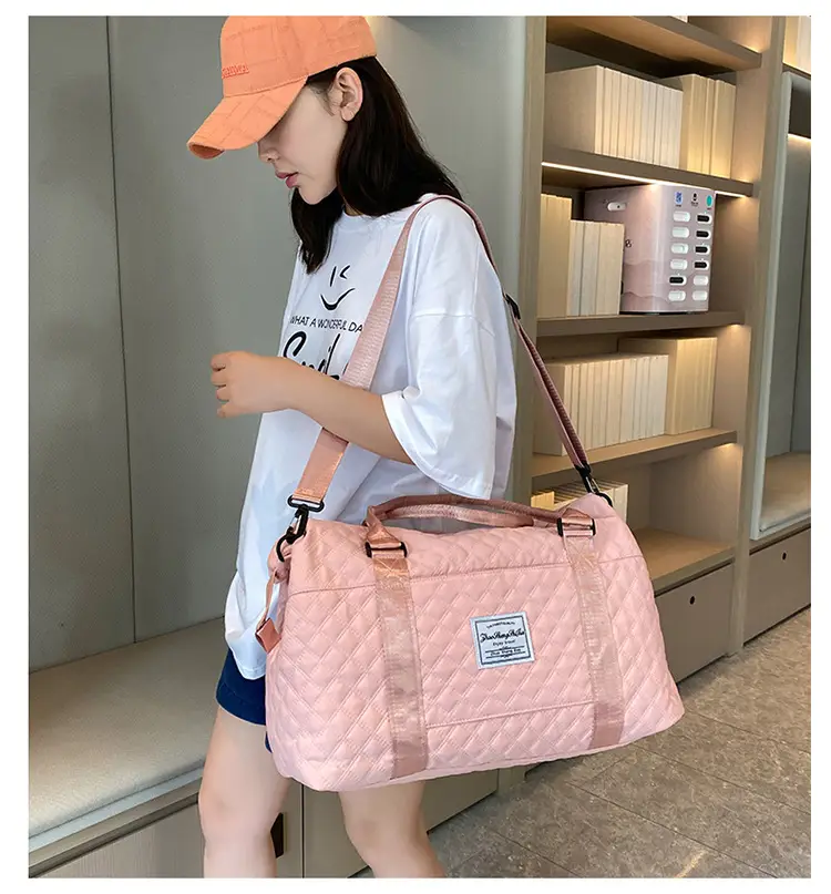 Pink Quilted Travel Bag with Shoulder Strap — feature 24