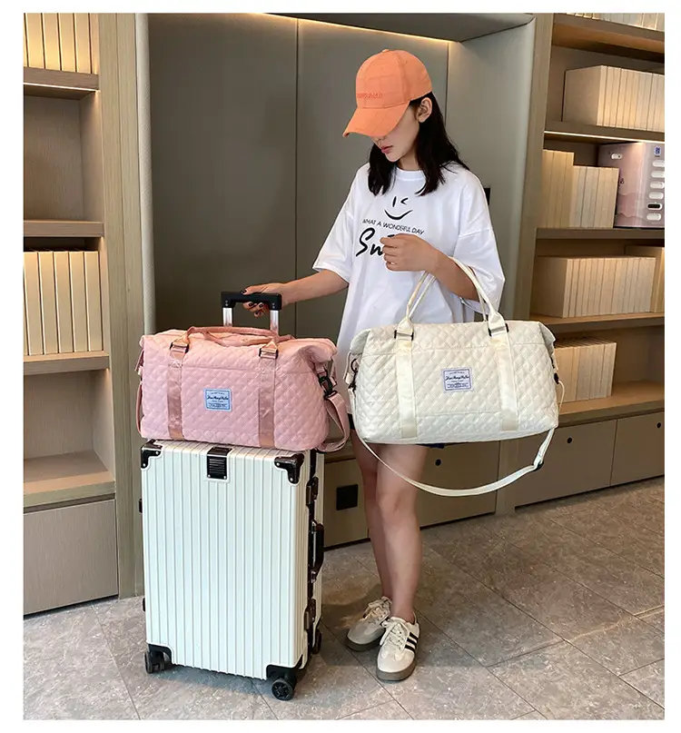Pink Quilted Travel Bag with Shoulder Strap — feature 27
