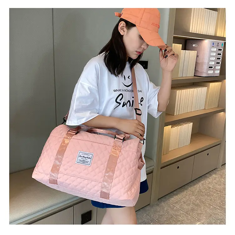 Pink Quilted Travel Bag with Shoulder Strap — feature 29