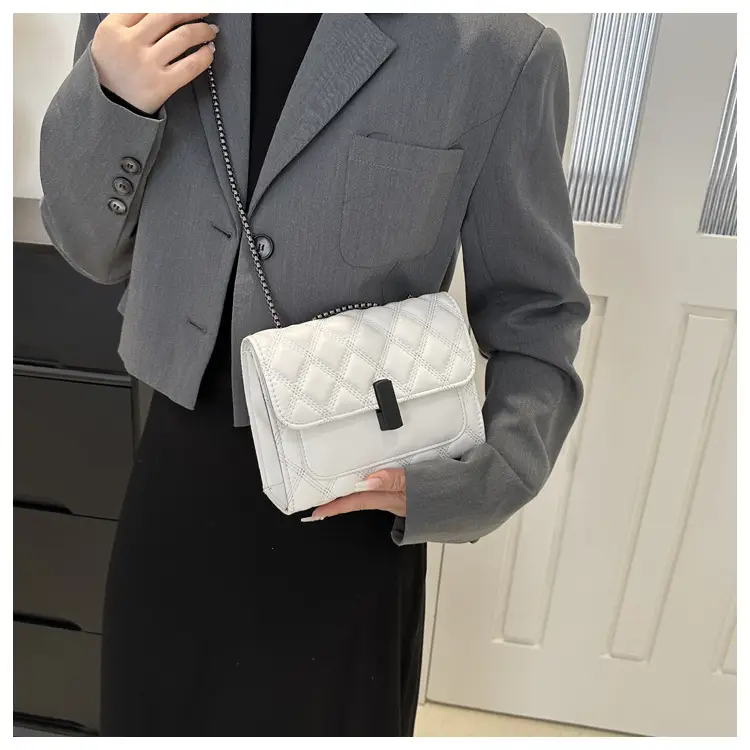 White Rhombic Chain Lock Shoulder Bag for Women — feature 28