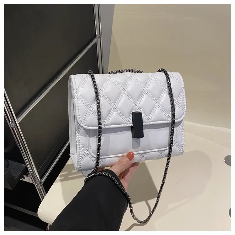 White Rhombic Chain Lock Shoulder Bag for Women