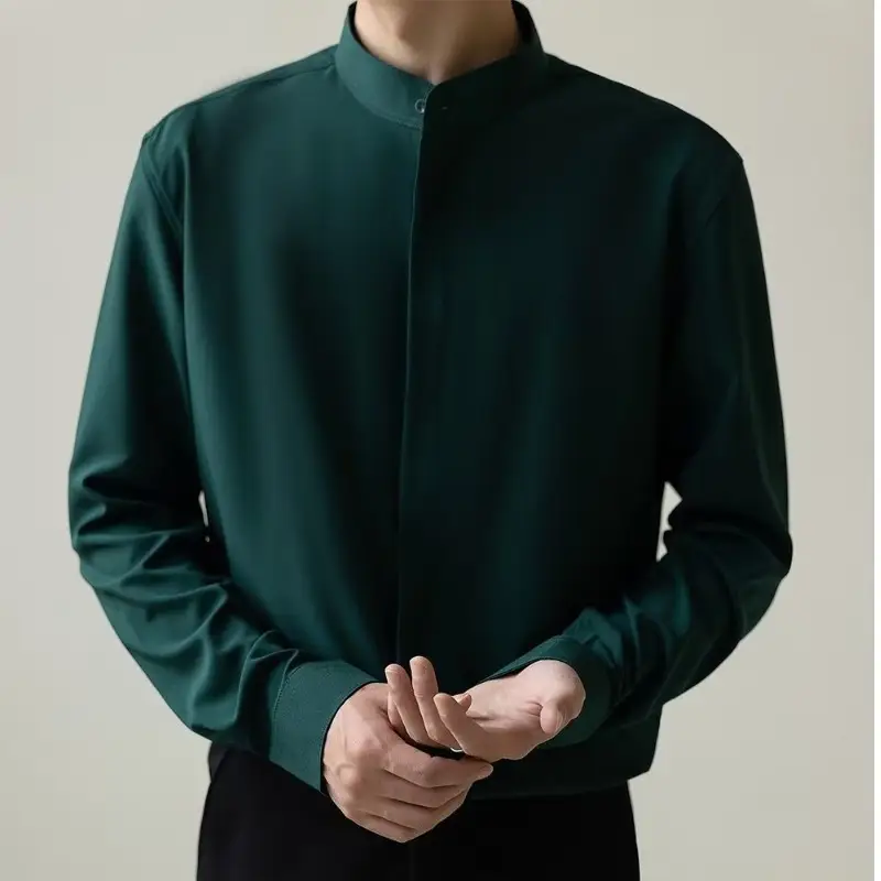 Men's Dark Green Button-Up Shirt with Vertical Collar - Image 7