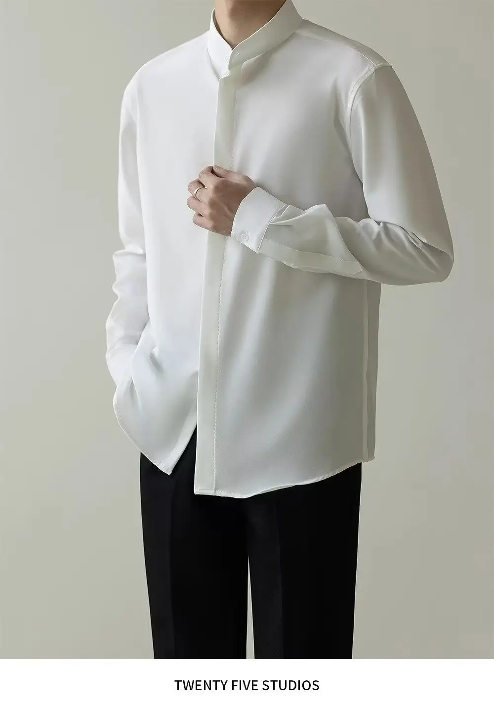 Men's Dark Green Button-Up Shirt with Vertical Collar — feature 3