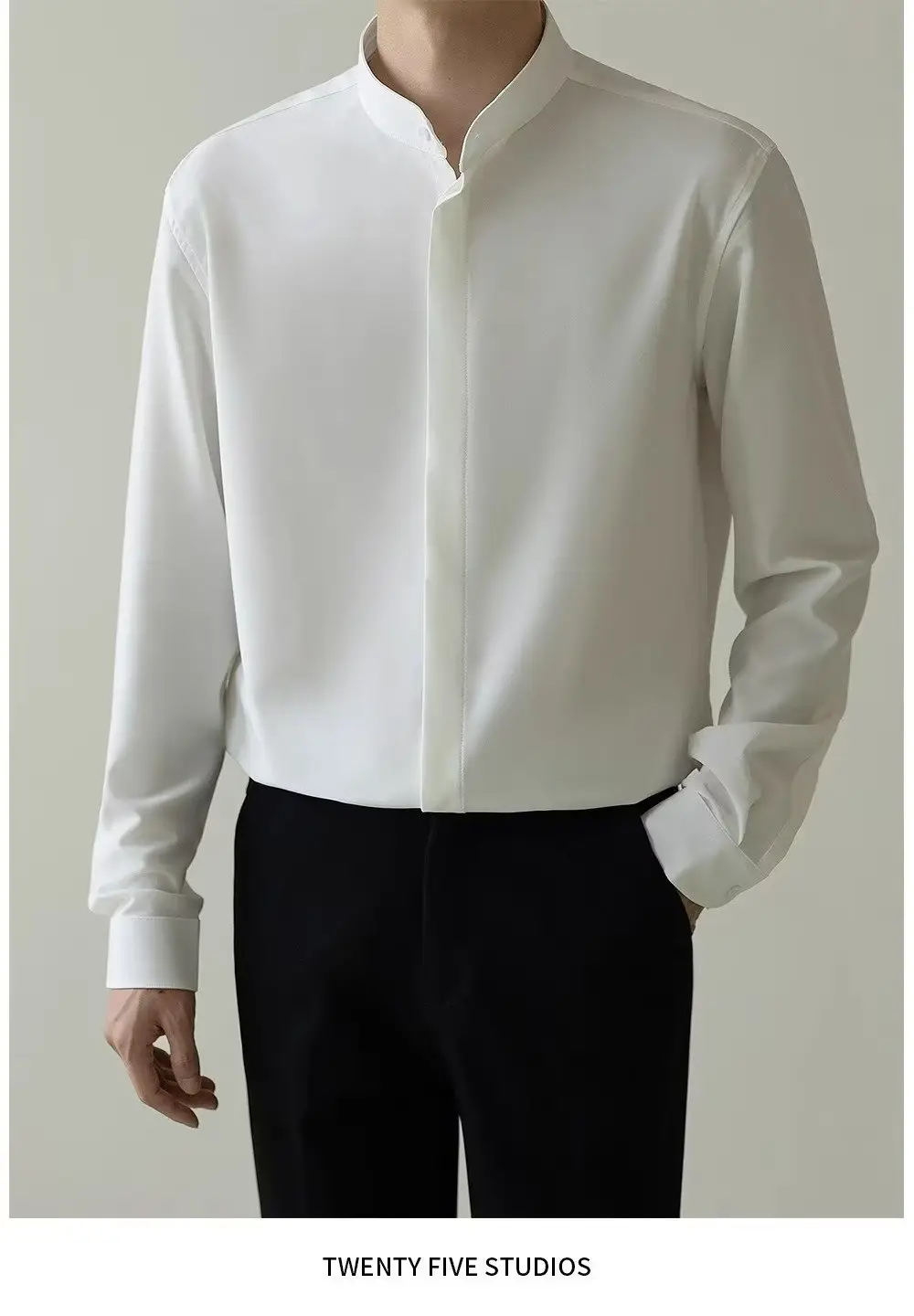 Men's Dark Green Button-Up Shirt with Vertical Collar — feature 5
