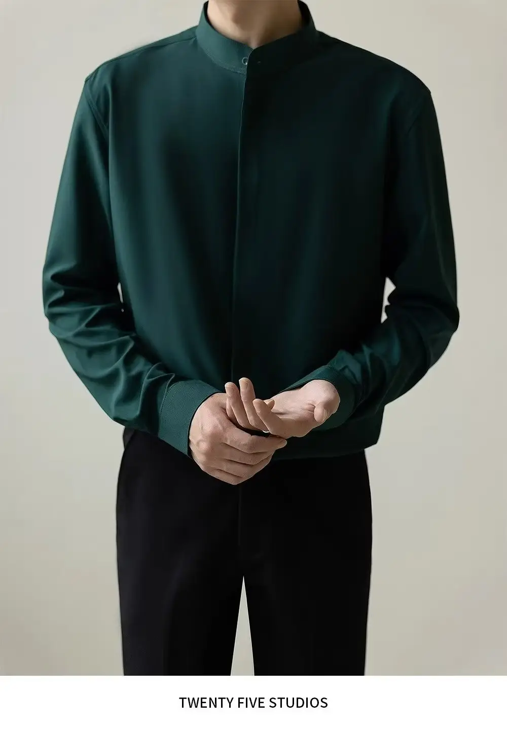 Men's Dark Green Button-Up Shirt with Vertical Collar — feature 6