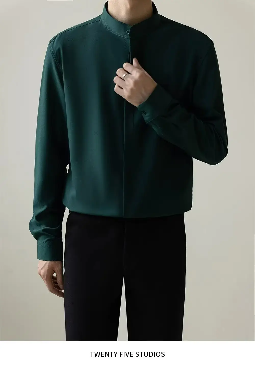 Men's Dark Green Button-Up Shirt with Vertical Collar — feature 7