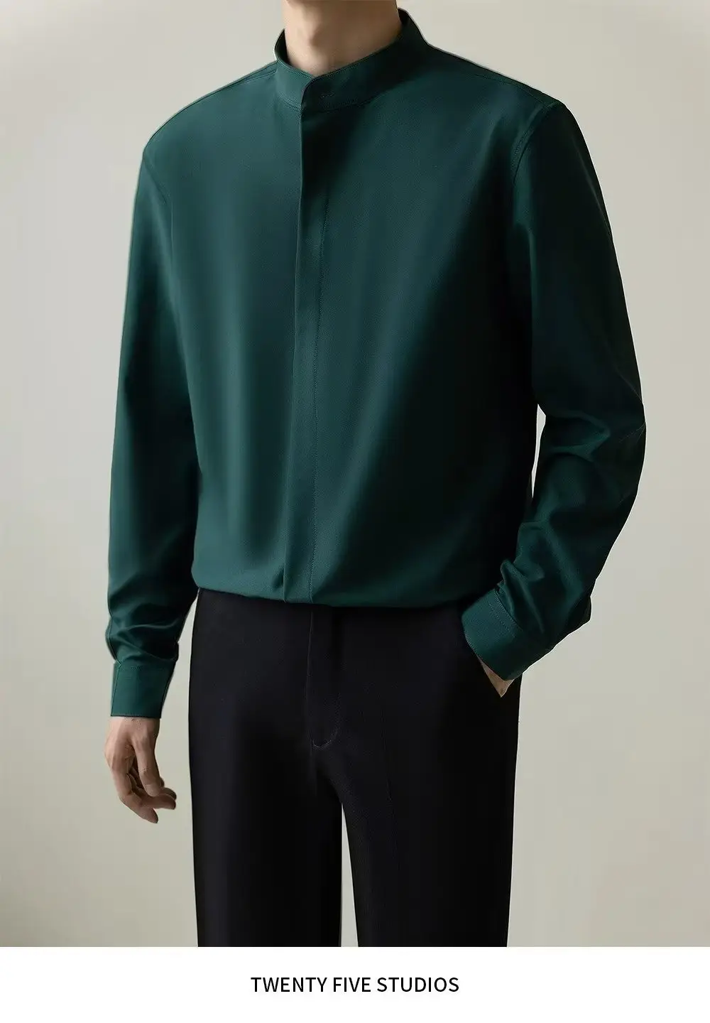 Men's Dark Green Button-Up Shirt with Vertical Collar — feature 8
