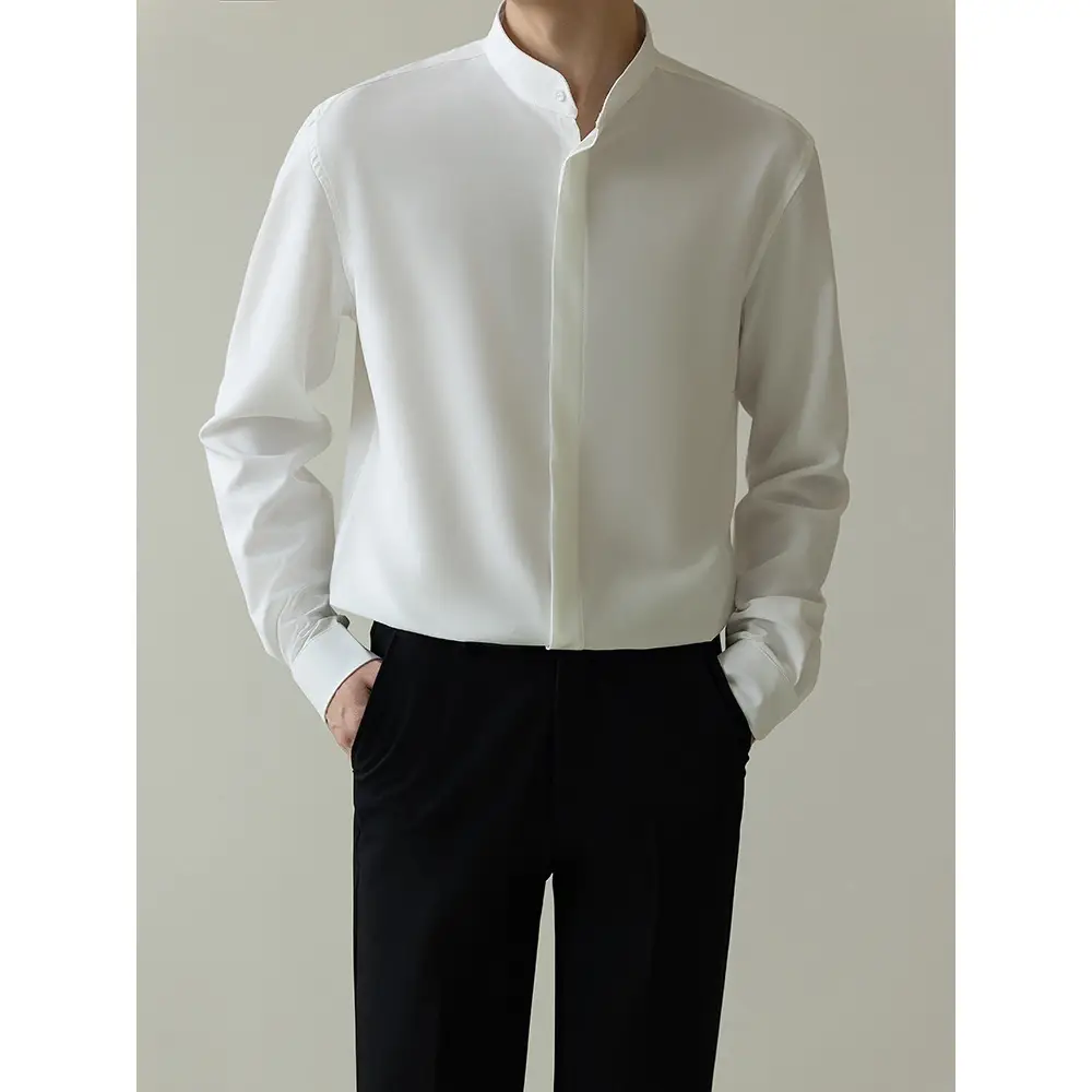 Men's Dark Green Button-Up Shirt with Vertical Collar - Image 2
