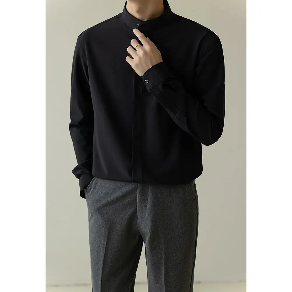 Men's Dark Green Button-Up Shirt with Vertical Collar - Image 3
