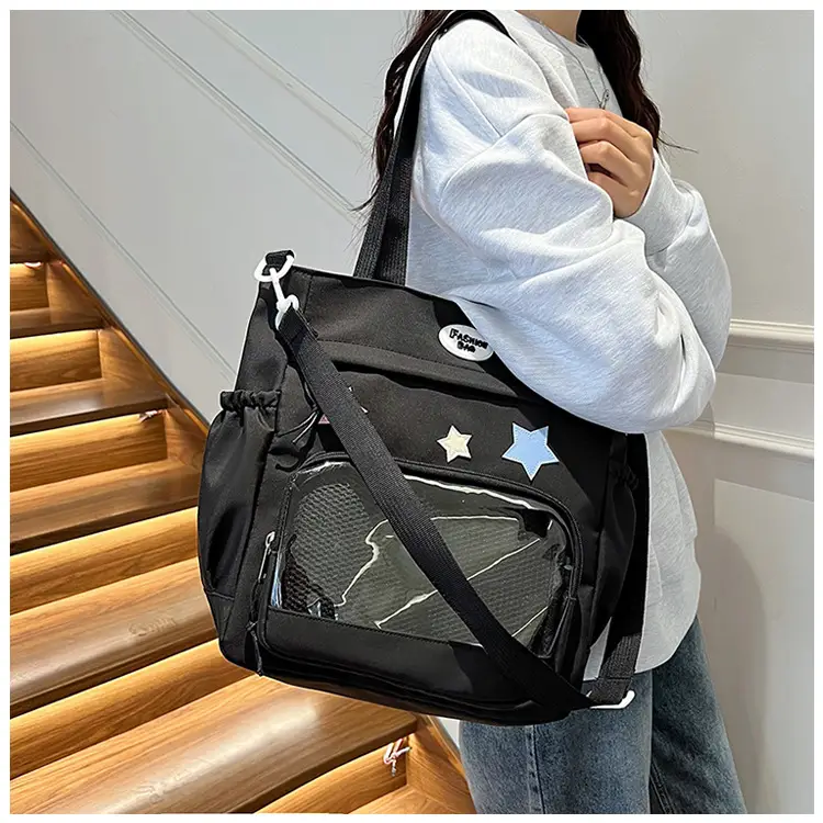 Women's Black Canvas Shoulder Bag with Star Design - Image 8