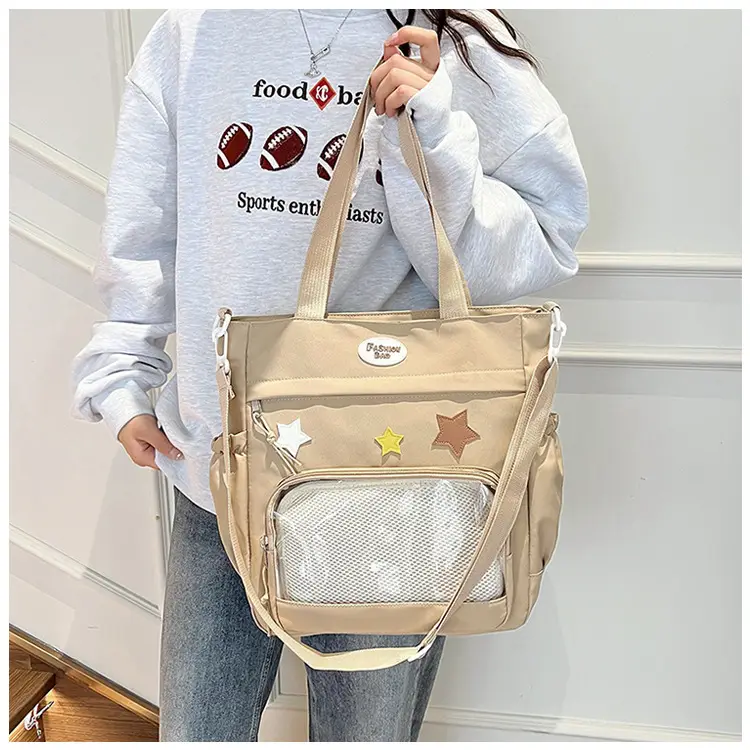 Women's Black Canvas Shoulder Bag with Star Design — feature 14