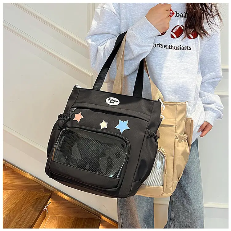 Women's Black Canvas Shoulder Bag with Star Design — feature 22