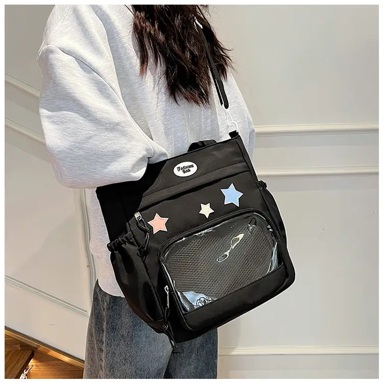 Women's Black Canvas Shoulder Bag with Star Design — feature 25