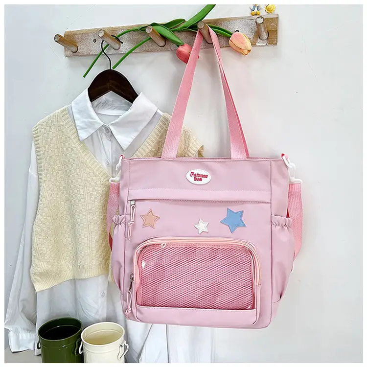 Women's Black Canvas Shoulder Bag with Star Design - Image 4