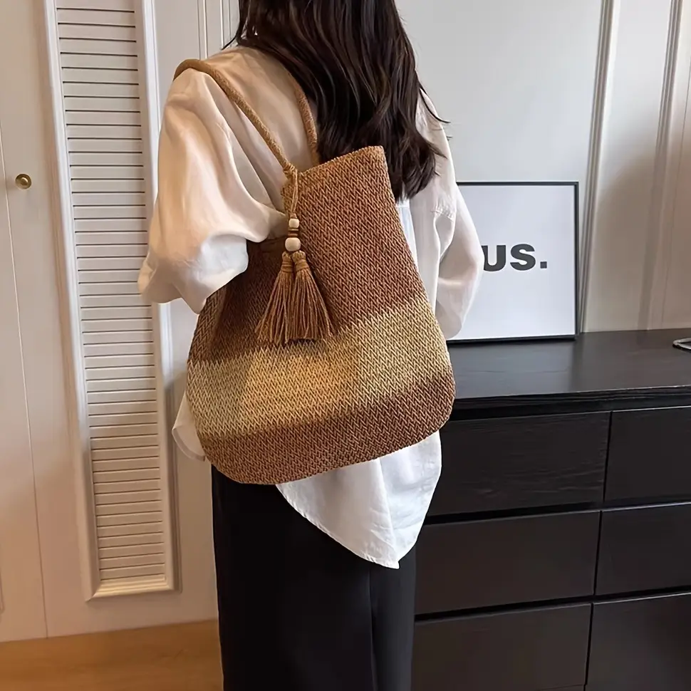 Women Straw Tote Bag Beige Brown Tassel Handle - Image 3