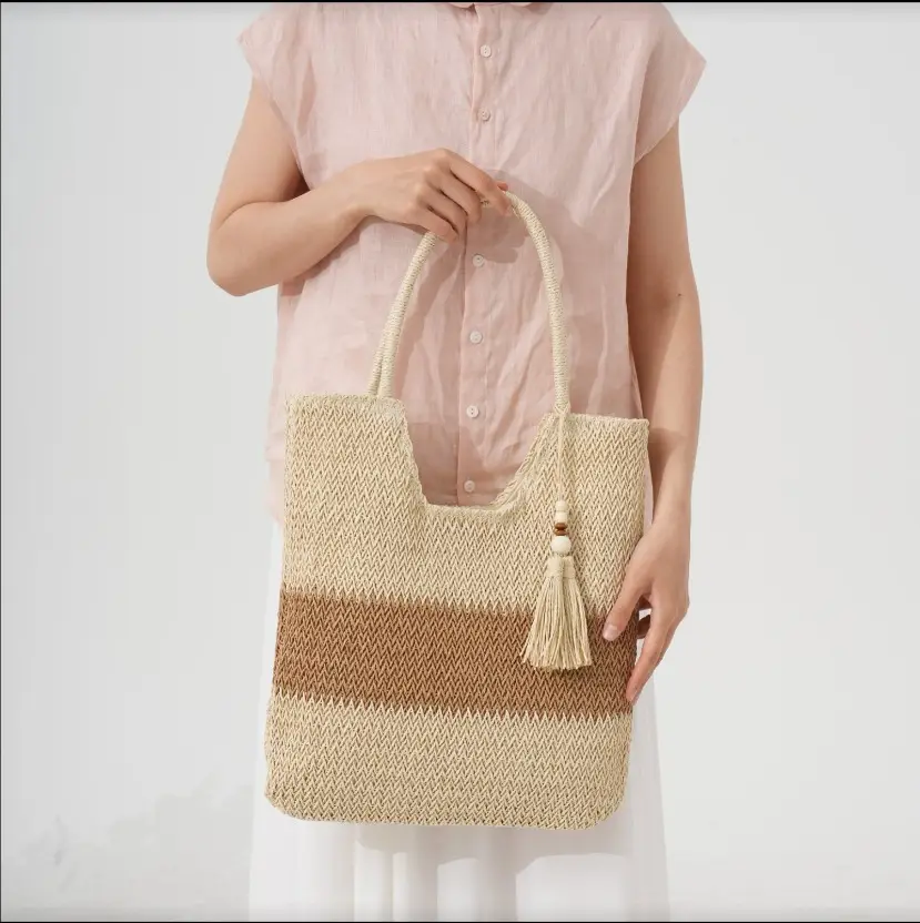 Women Straw Tote Bag Beige Brown Tassel Handle - Image 4