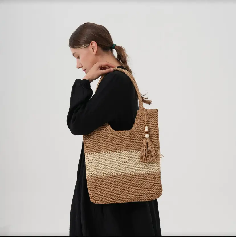 Women Straw Tote Bag Beige Brown Tassel Handle - Image 6
