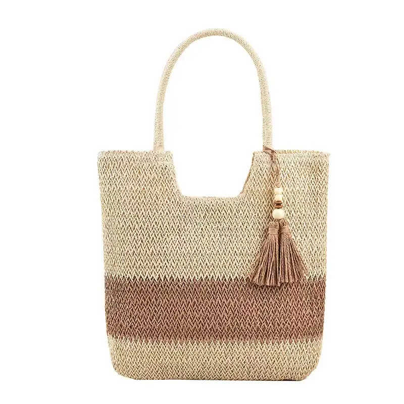 Women Straw Tote Bag Beige Brown Tassel Handle - Image 7