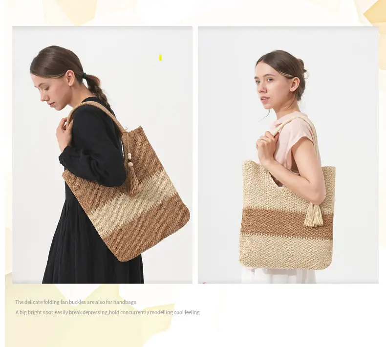 Women Straw Tote Bag Beige Brown Tassel Handle — feature 6