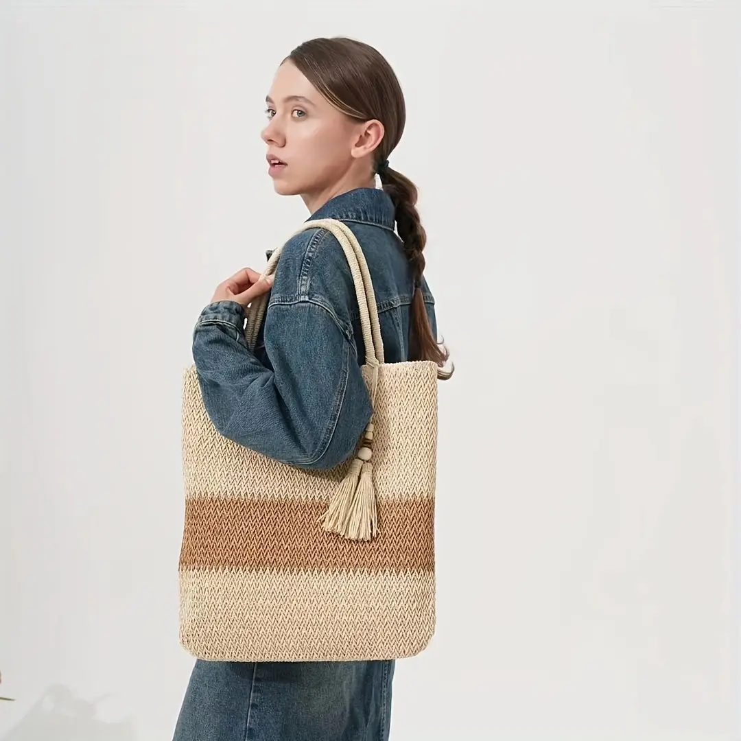 Women Straw Tote Bag Beige Brown Tassel Handle - Image 2