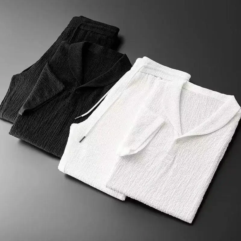 Men Black Striped Polo Trousers Set Summer Casual — feature 3