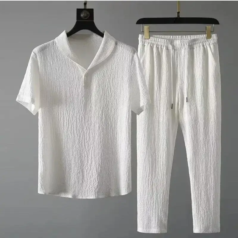 Men Black Striped Polo Trousers Set Summer Casual - Image 14