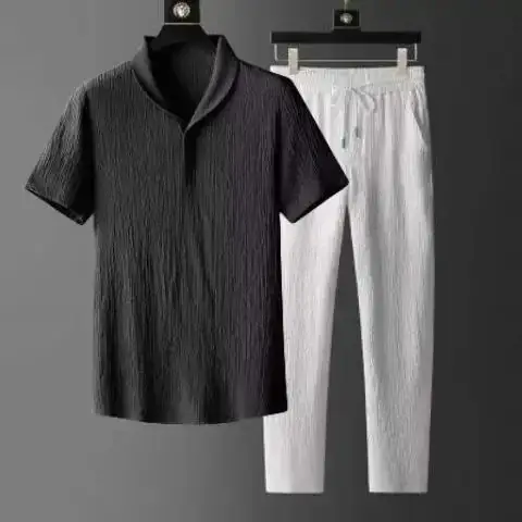 Men Black Striped Polo Trousers Set Summer Casual - Image 20
