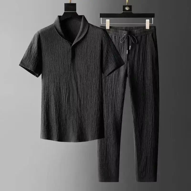 Men Black Striped Polo Trousers Set Summer Casual - Image 26