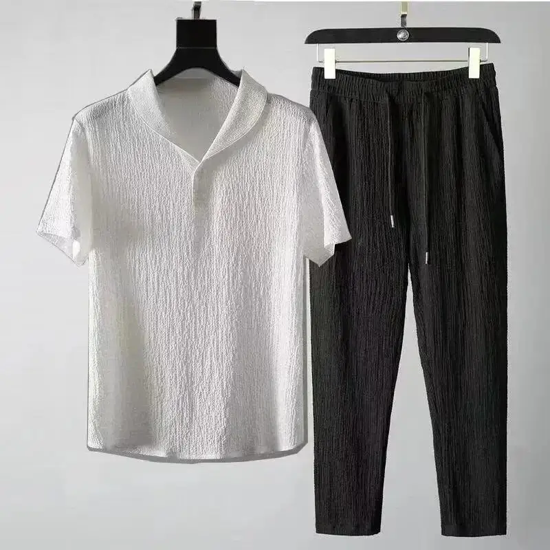 Men Black Striped Polo Trousers Set Summer Casual - Image 3