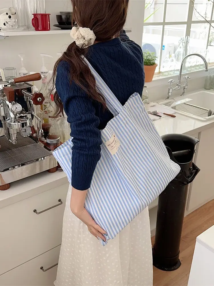 Striped Canvas Shoulder Bag Large Capacity for Women - Image 4