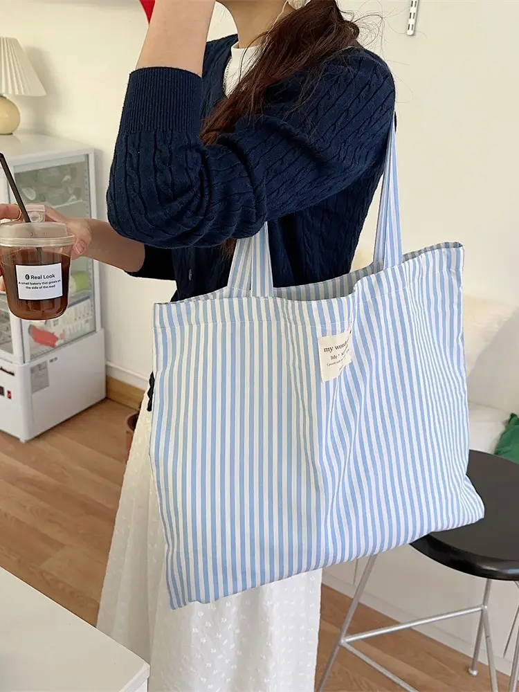 Striped Canvas Shoulder Bag Large Capacity for Women - Image 5