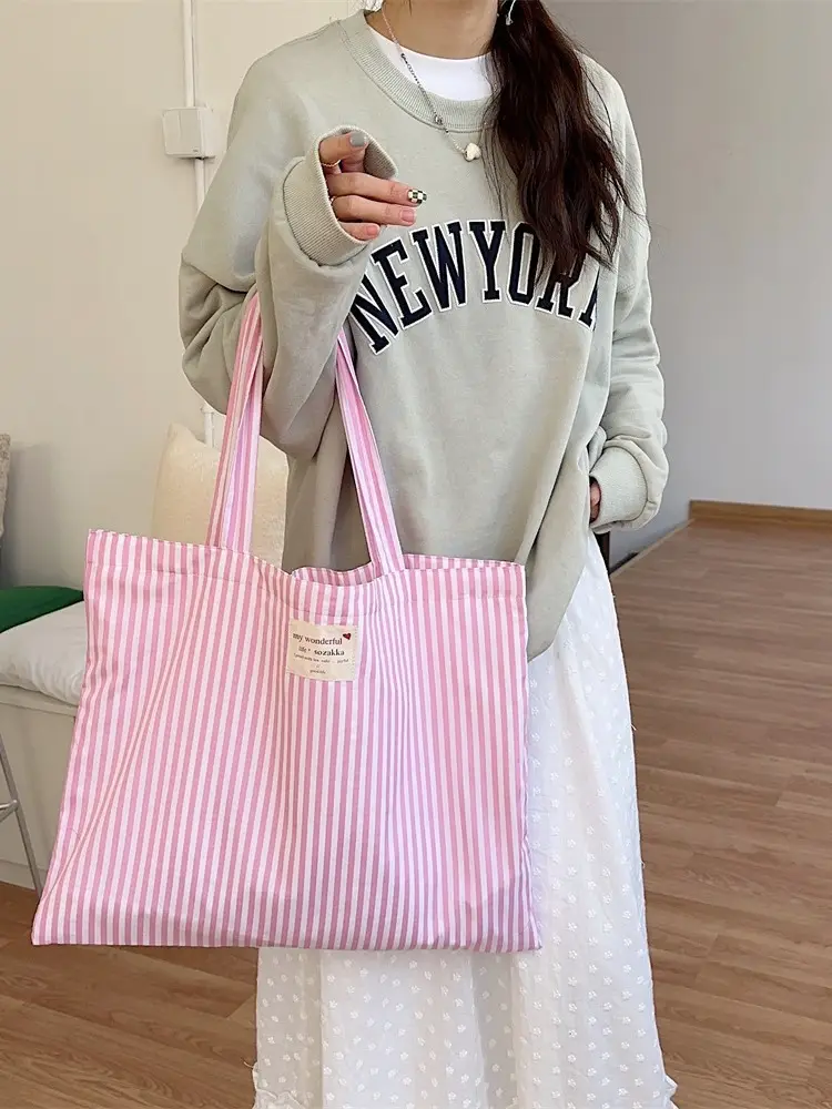Striped Canvas Shoulder Bag Large Capacity for Women - Image 6