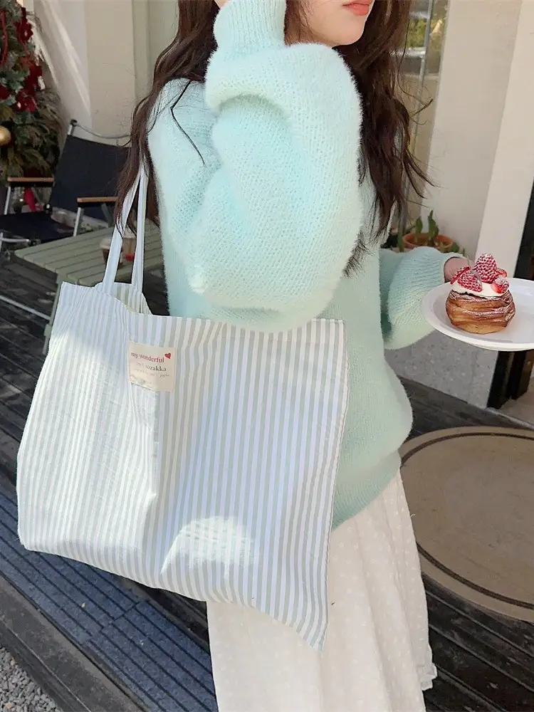 Striped Canvas Shoulder Bag Large Capacity for Women - Image 7