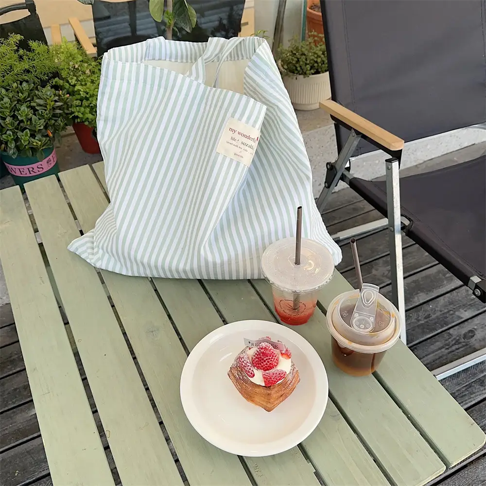 Striped Canvas Shoulder Bag Large Capacity for Women - Image 2