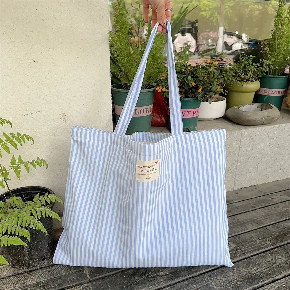 Striped Canvas Shoulder Bag Large Capacity for Women - Image 3