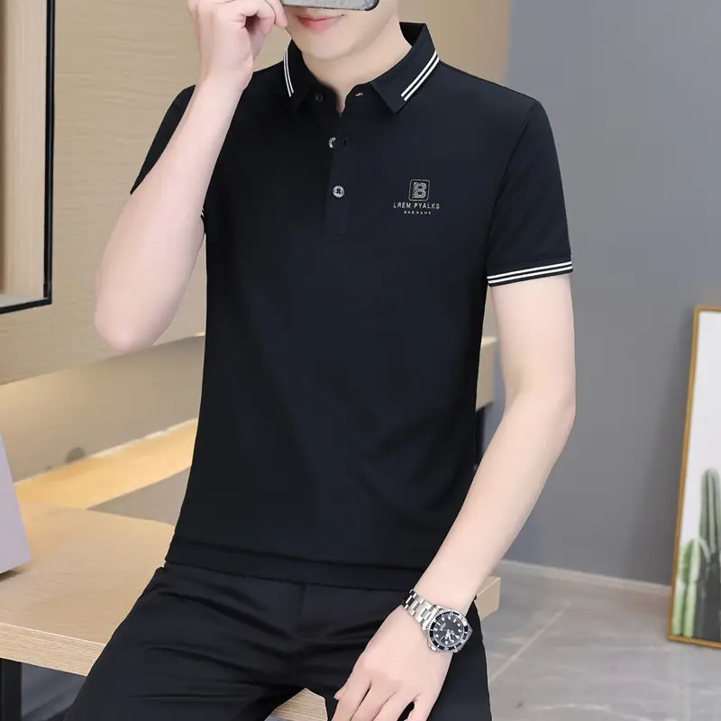 Men's Black Embroidered Polo Shirt with White Trim - Image 28