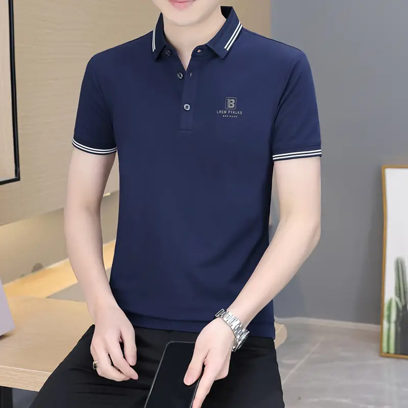 Men's Black Embroidered Polo Shirt with White Trim - Image 30