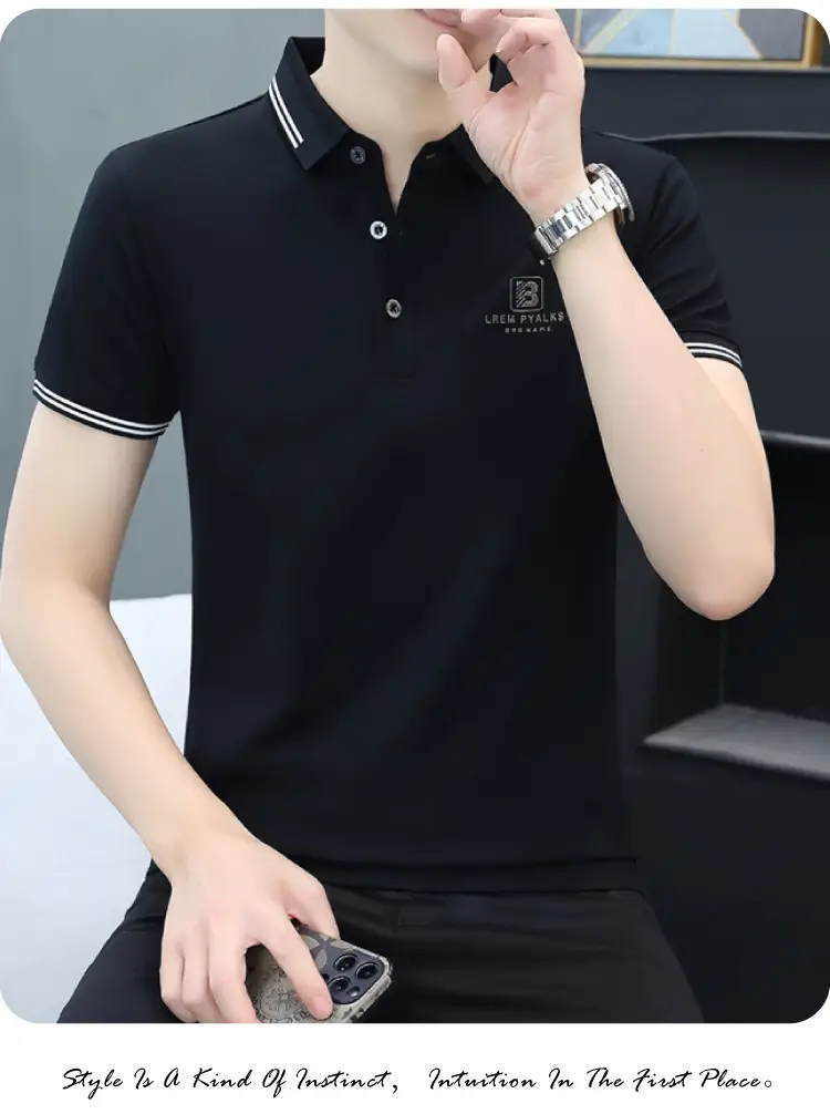Men's Black Embroidered Polo Shirt with White Trim — feature 13