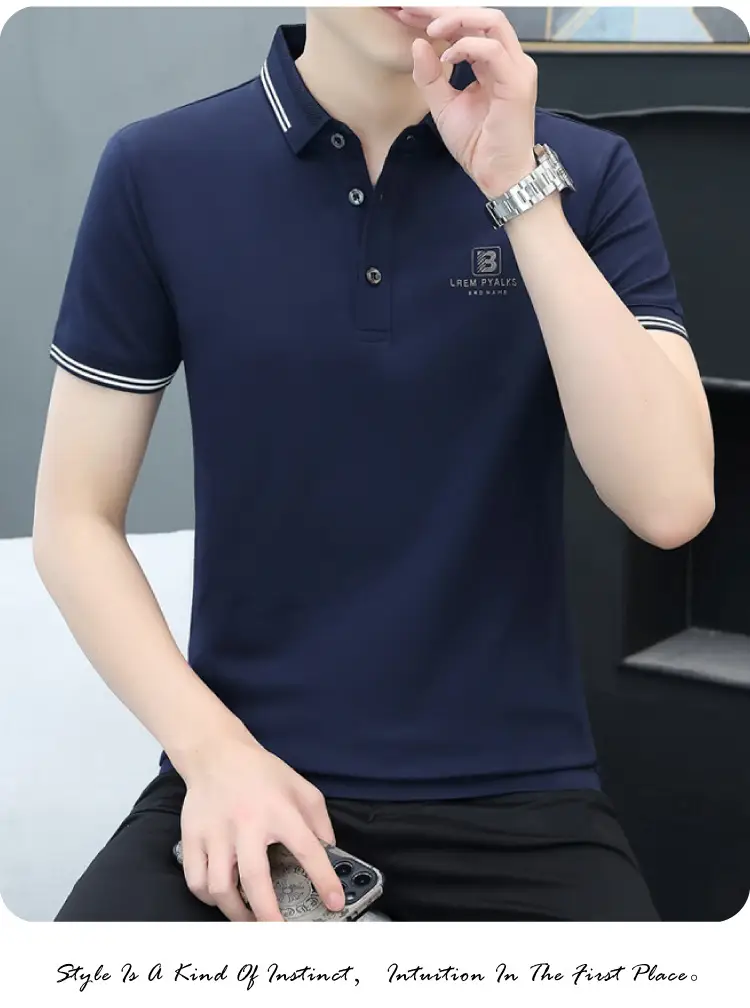 Men's Black Embroidered Polo Shirt with White Trim — feature 17