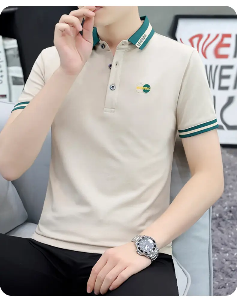 Men's Black Embroidered Polo Shirt with White Trim — feature 28